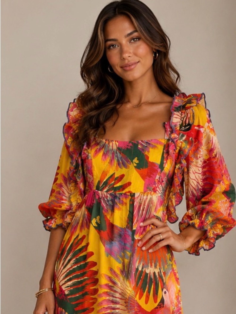 Farm Rio Tropical Parrot Print Midi Dress Ruffle Sleeve Smocked Back Size S NWOT